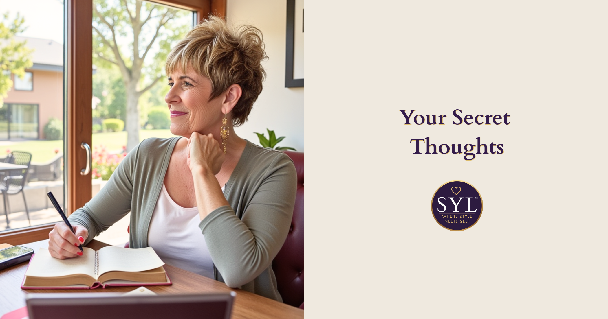 Dr. Shelley Nash writing in her journal beside a sunlit window, reflecting on her thoughts and beliefs.